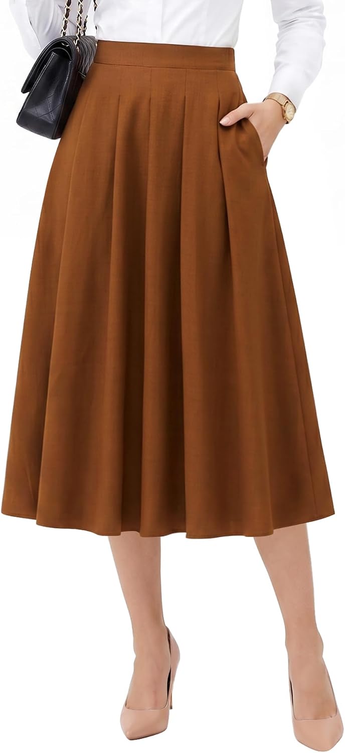 Dressystar Pleated Midi Skirts for Women Business Work with Pockets