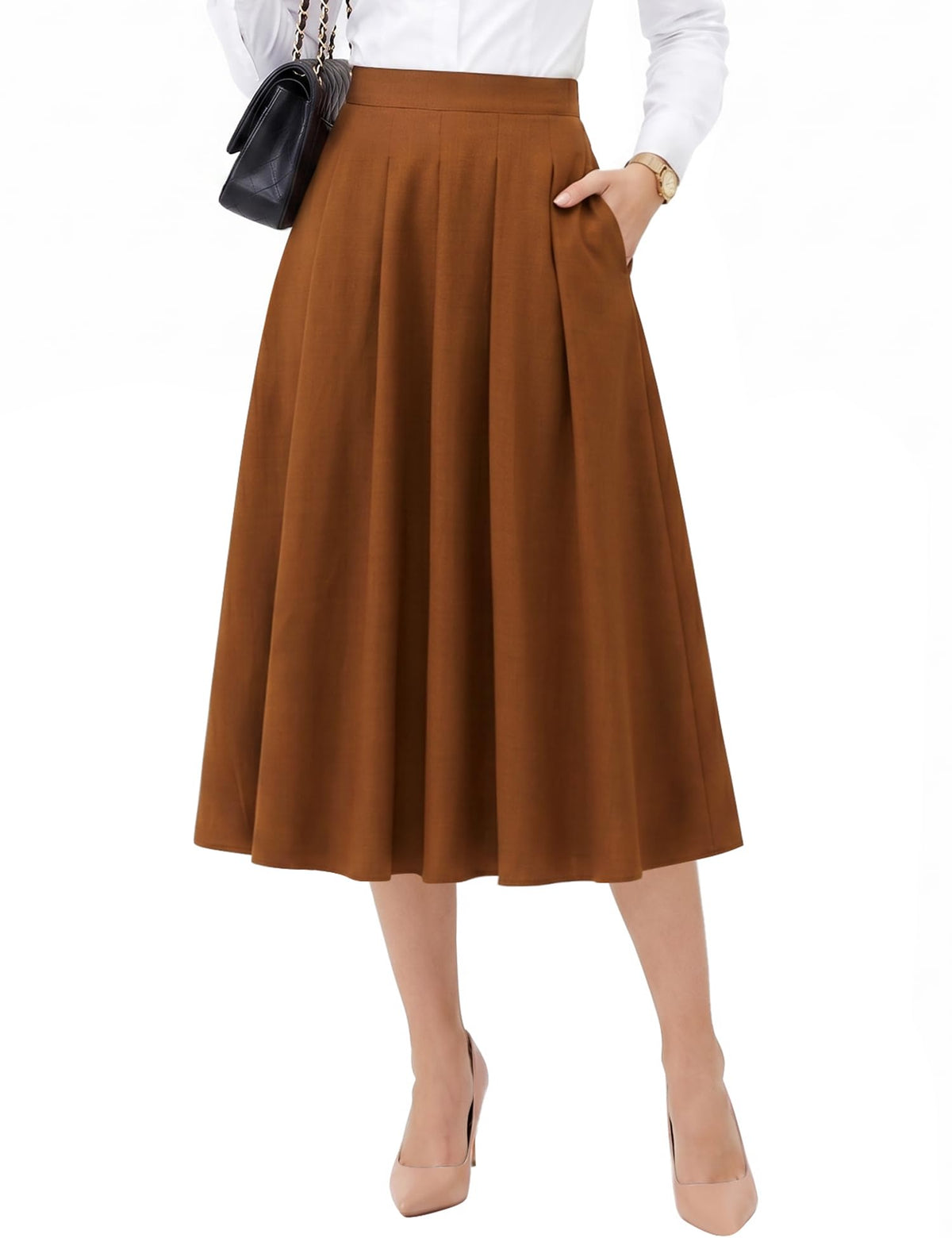 Dressystar Pleated Midi Skirts for Women Business Work with Pockets