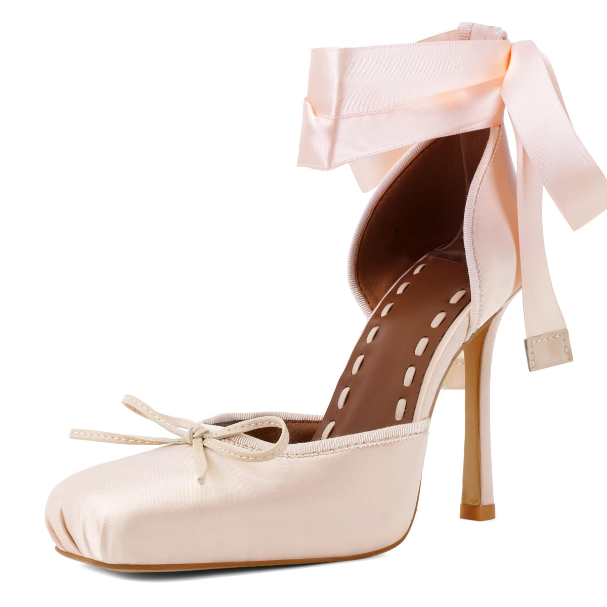 Women's Satin Ballet Heels, Lace-Up Square Toe Stiletto Pumps
