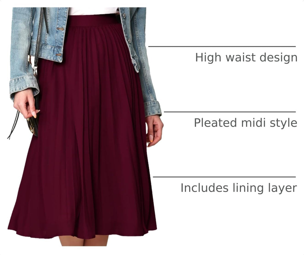 Made By Johnny Women's High Elastic Waist Pleated Mid A-Line Swing Skirt