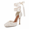 Women's Satin Ballet Heels, Lace-Up Square Toe Stiletto Pumps