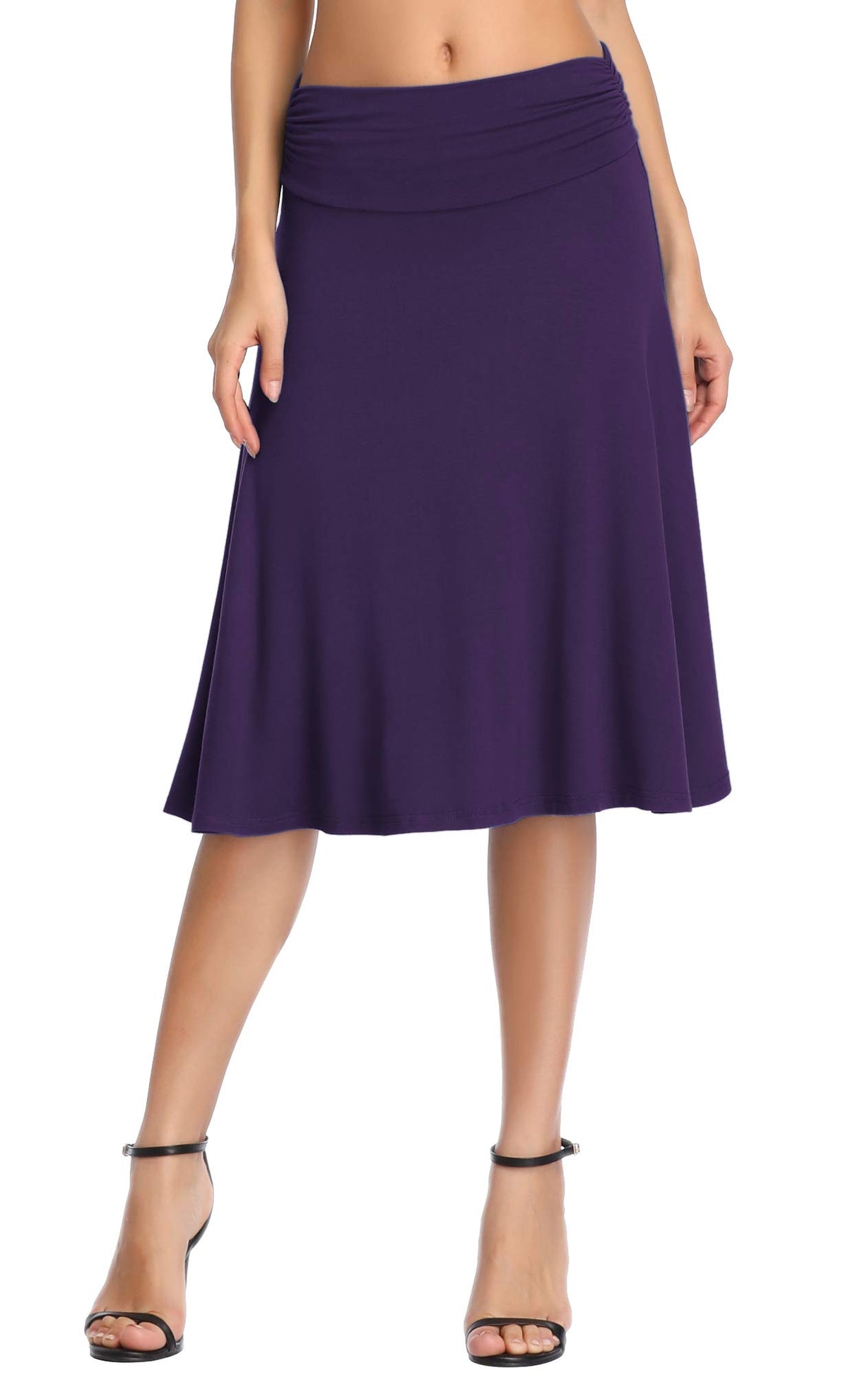 Urban CoCo Women's Ruched High Waist Knee Length Jersey A-Line Stretchy Flared Casual Skirt