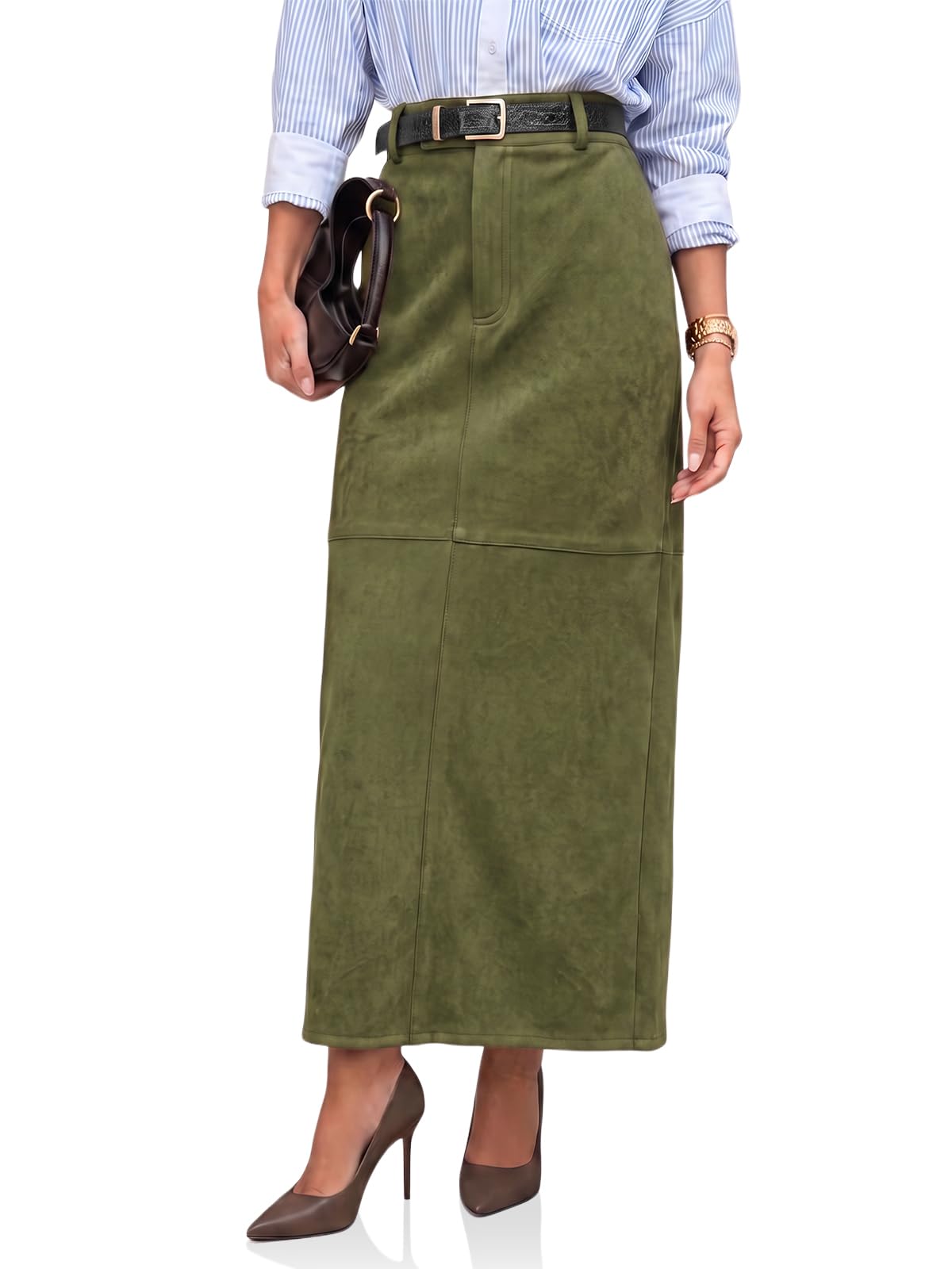 Cicy Bell Womens Suede Maxi Skirt High Waisted Slit Patchwork Pencil Skirts
