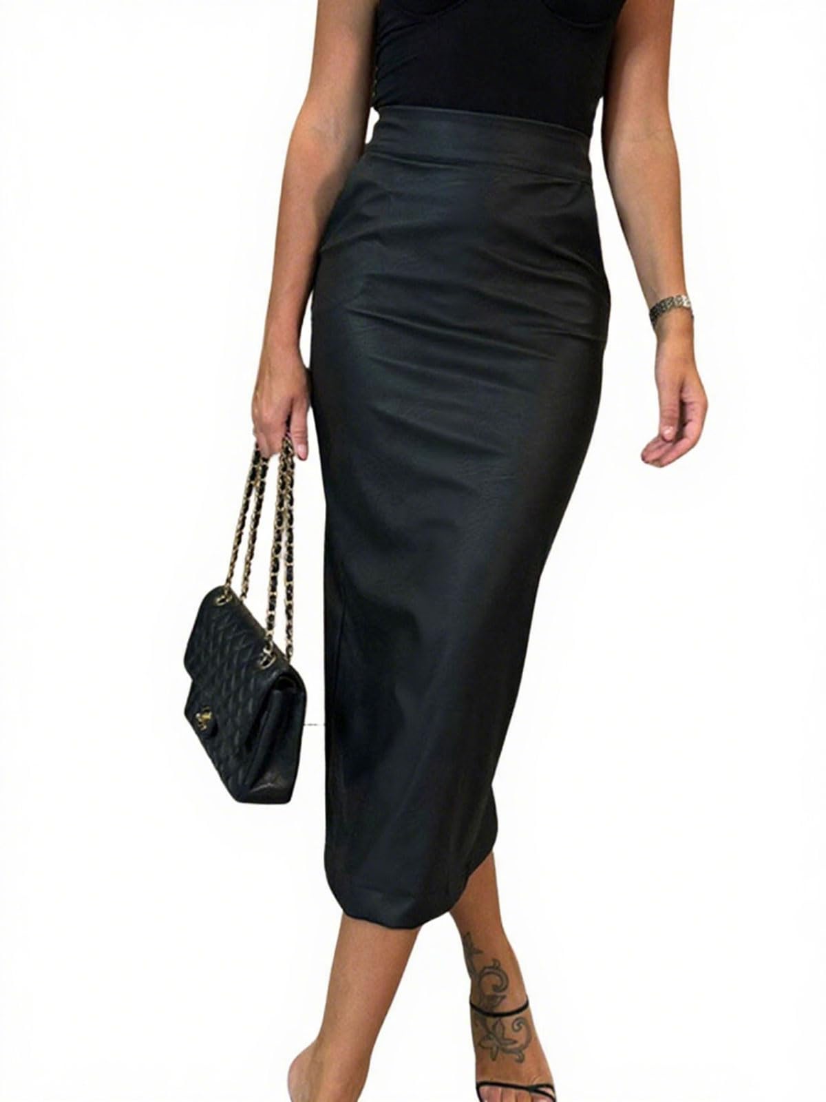 utcoco Womens Long Faux Leather Skirt Bodycon High Waist Slim Pencil Midi Skirt