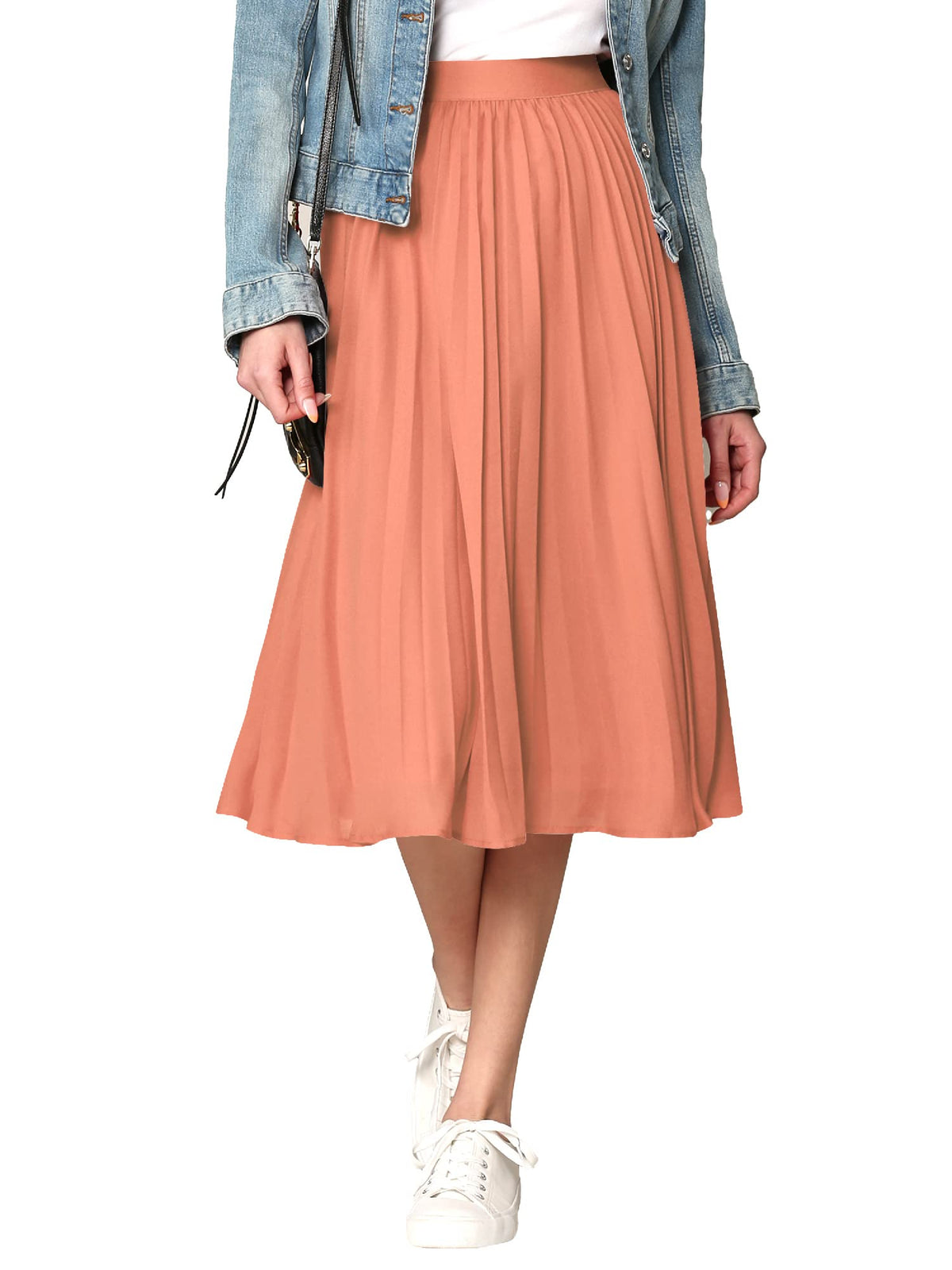 Made By Johnny Women's High Elastic Waist Pleated Mid A-Line Swing Skirt