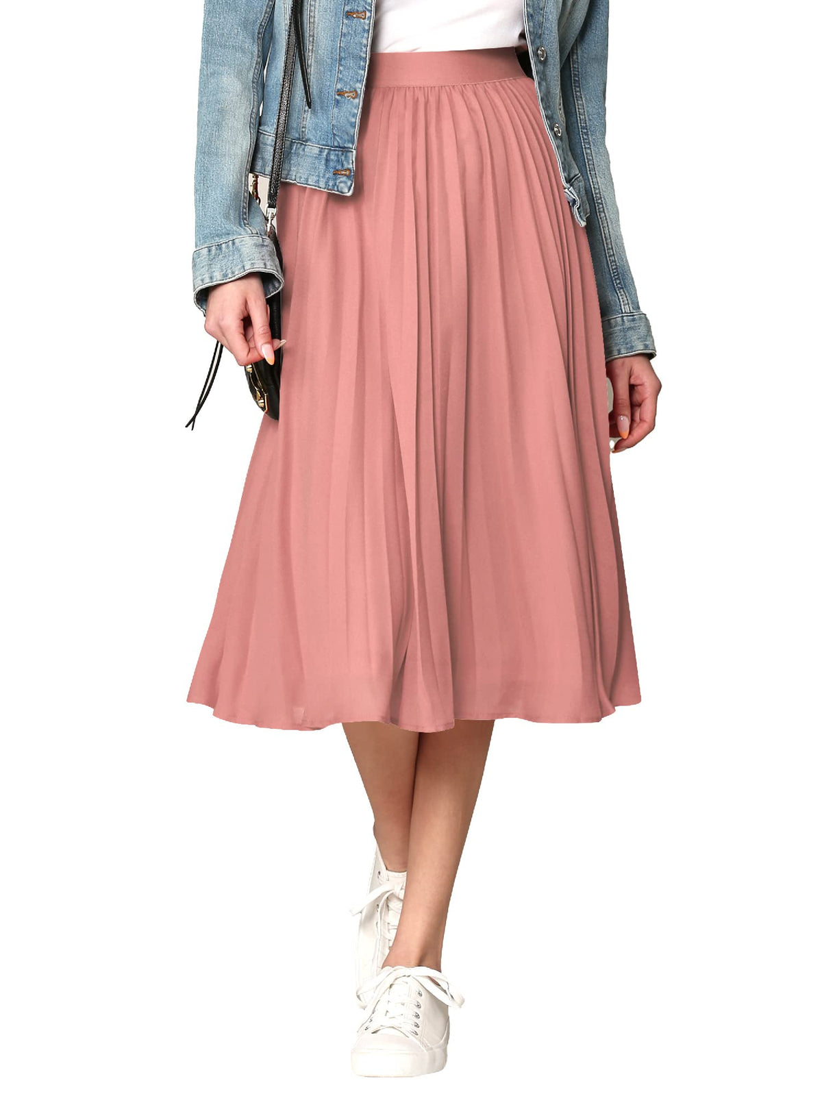 Made By Johnny Women's High Elastic Waist Pleated Mid A-Line Swing Skirt