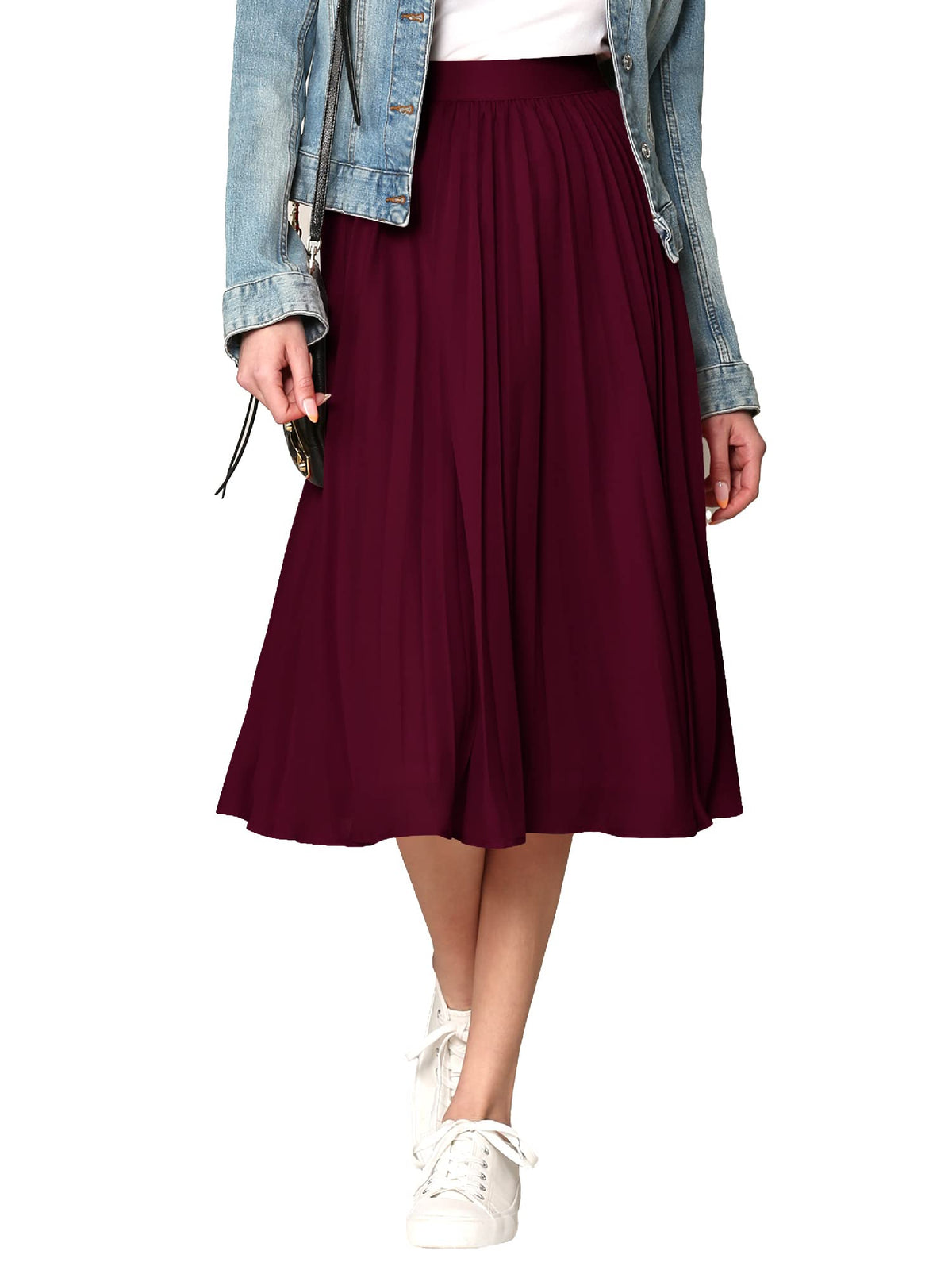 Made By Johnny Women's High Elastic Waist Pleated Mid A-Line Swing Skirt