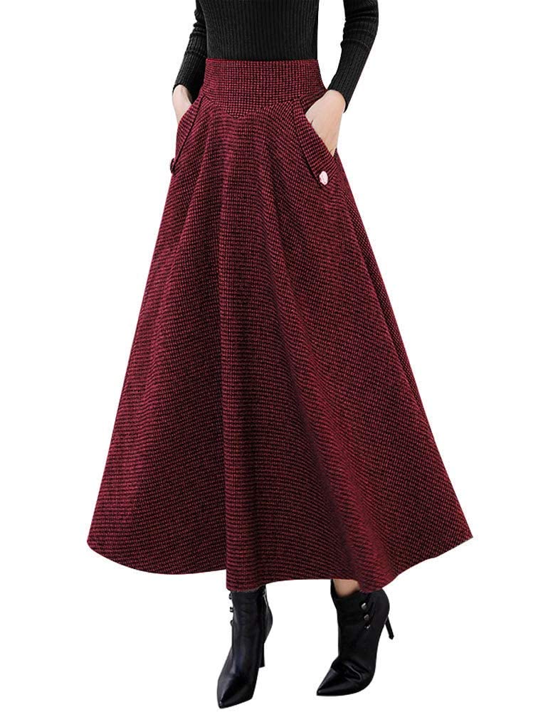 IDEALSANXUN Women’s Fall Winter High Waisted Wool Plaid A-line Long Skirt