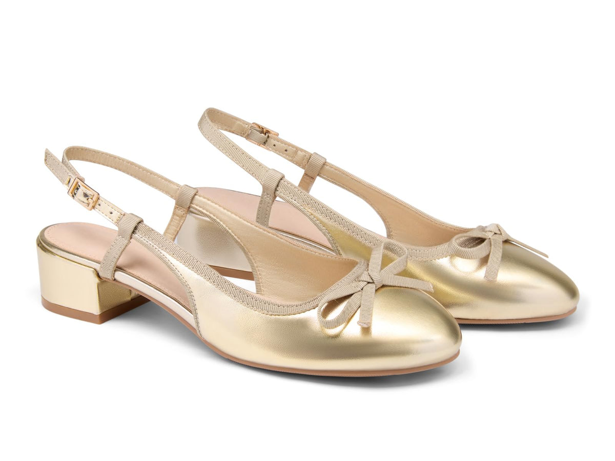 Coutgo Womens Chunky Low Heels Slingback Ballet Bow Pumps Closed Toe Wedding Dress Shoes