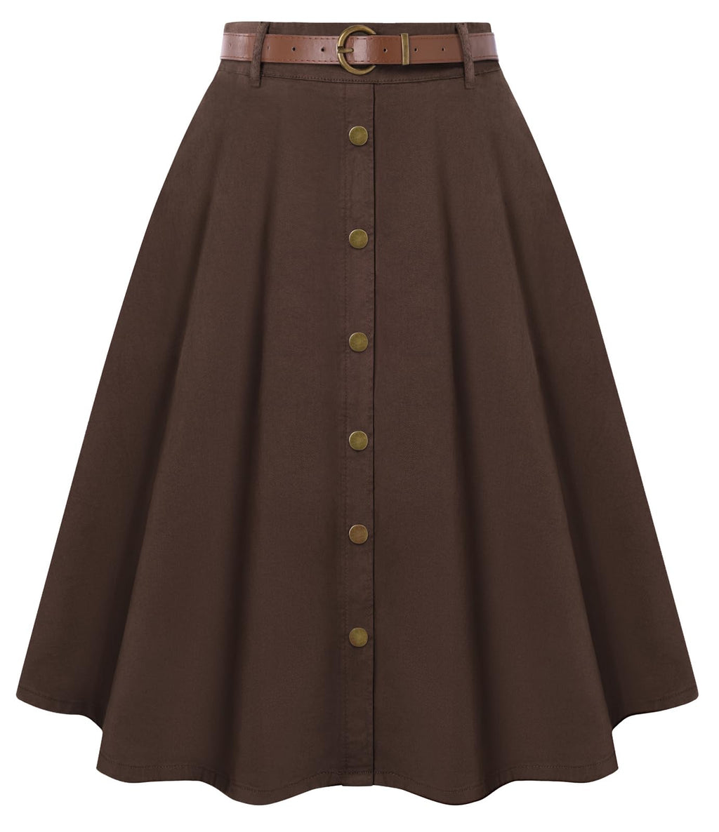 Belle Poque Women's Denim Skirts Vintage Below Knee Length High Waist A-Line Jean Skirts with Pockets