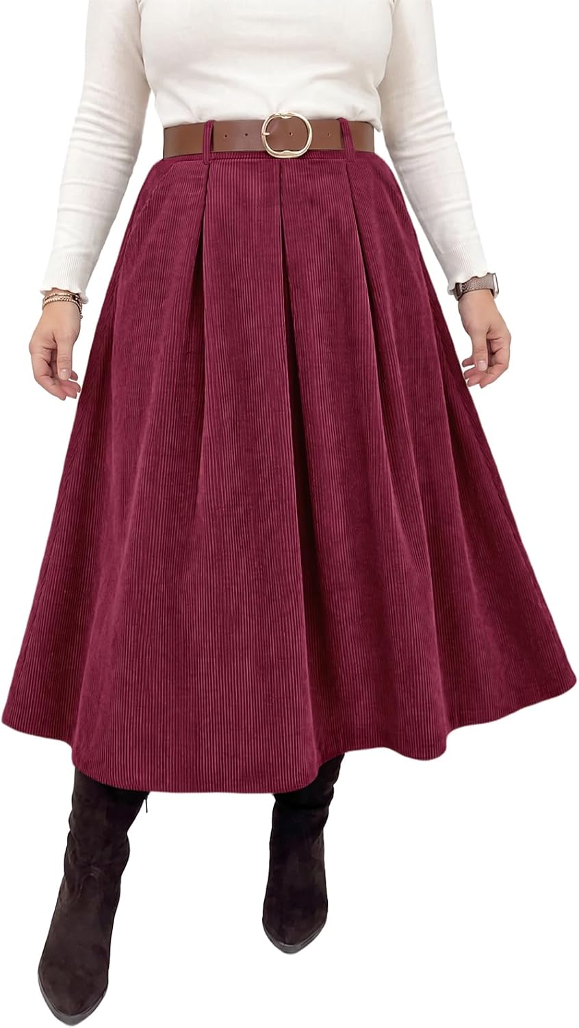 Beautife Womens Plus Size Corduroy A-Line Pleated Skirt with Pockets