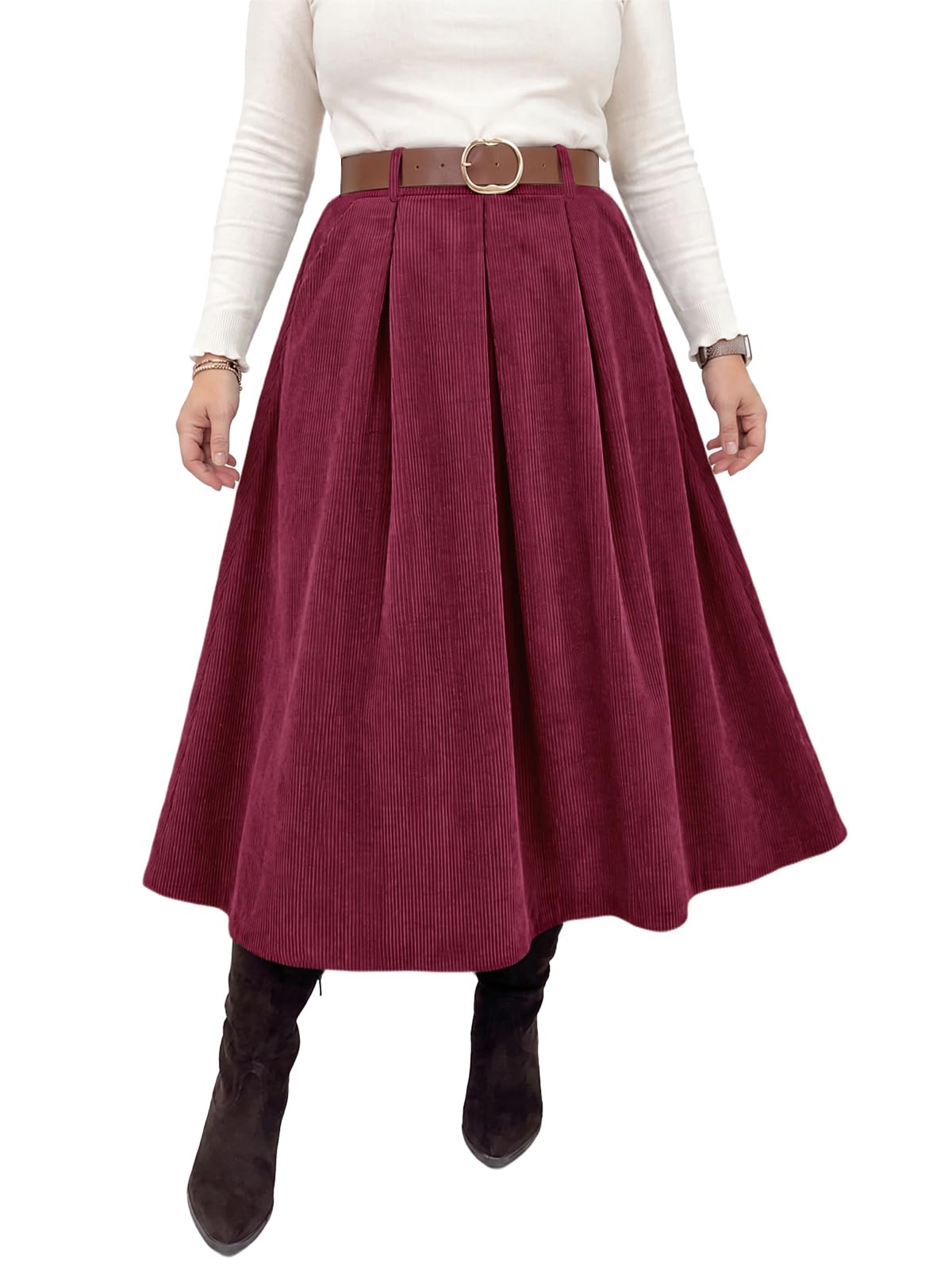Beautife Womens Plus Size Corduroy A-Line Pleated Skirt with Pockets