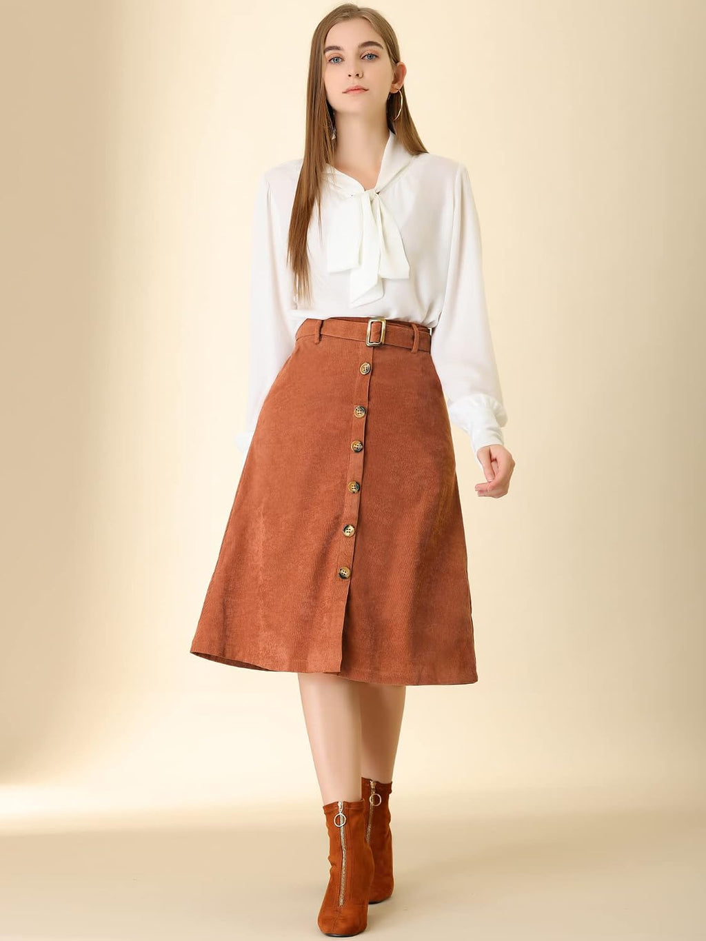 Allegra K Women's Button Front High Waist A-Line Belted Corduroy Midi Skirt
