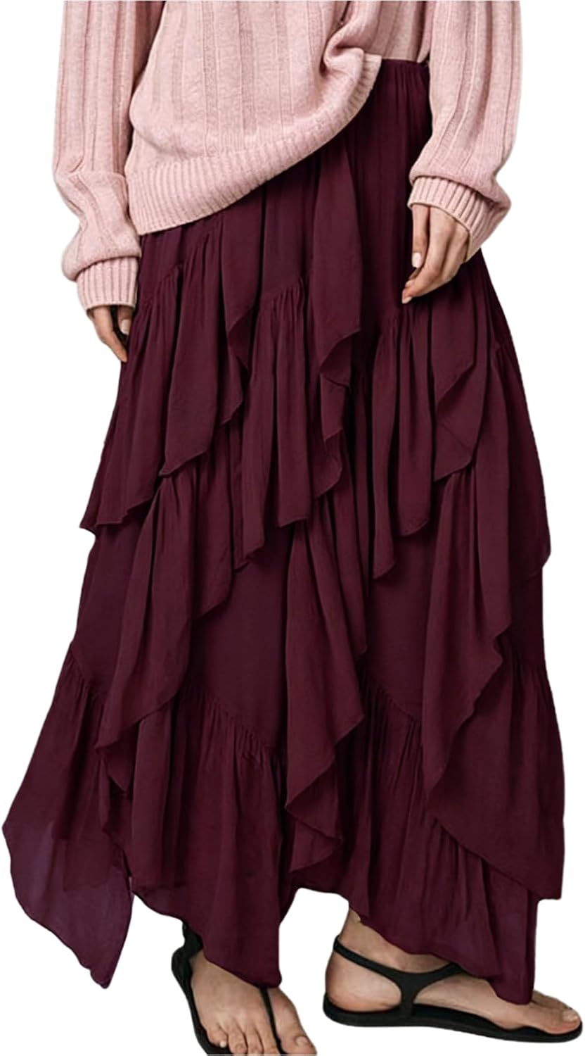Women's Ruffle Maxi Skirt Long Flowy Layered Skirts Tiered Trendy Skirt