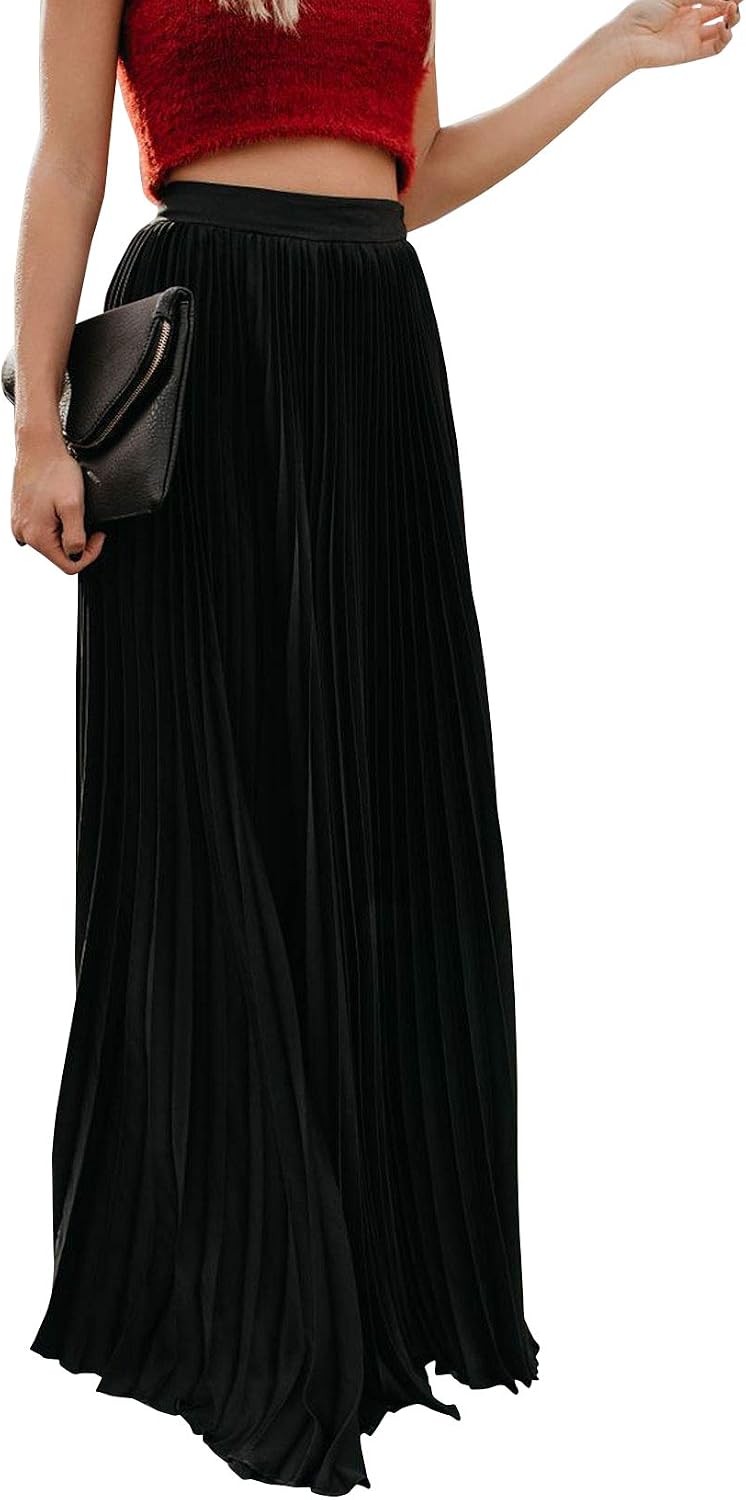 ebossy Women's High Waist Flowy Pleated Chiffon Maxi Skirt
