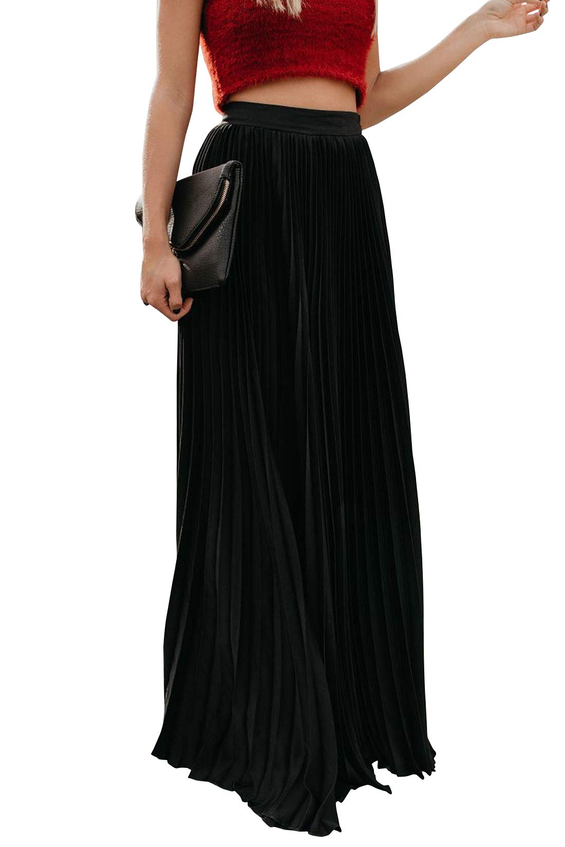 ebossy Women's High Waist Flowy Pleated Chiffon Maxi Skirt