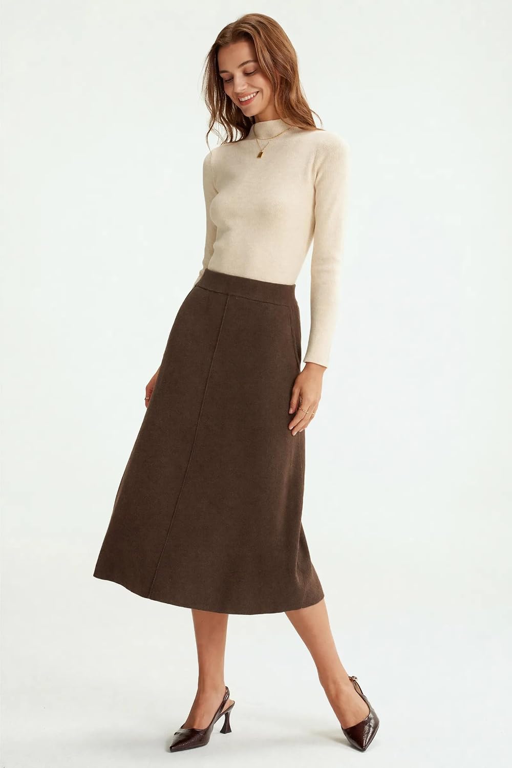 Arach&Cloz Women's Wool Blend A-Line Elastic Waistband Fall Sweater Skirts