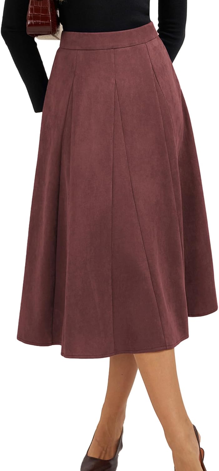 Belle Poque Women Suede Skirt High Waisted A Line Midi Skirts