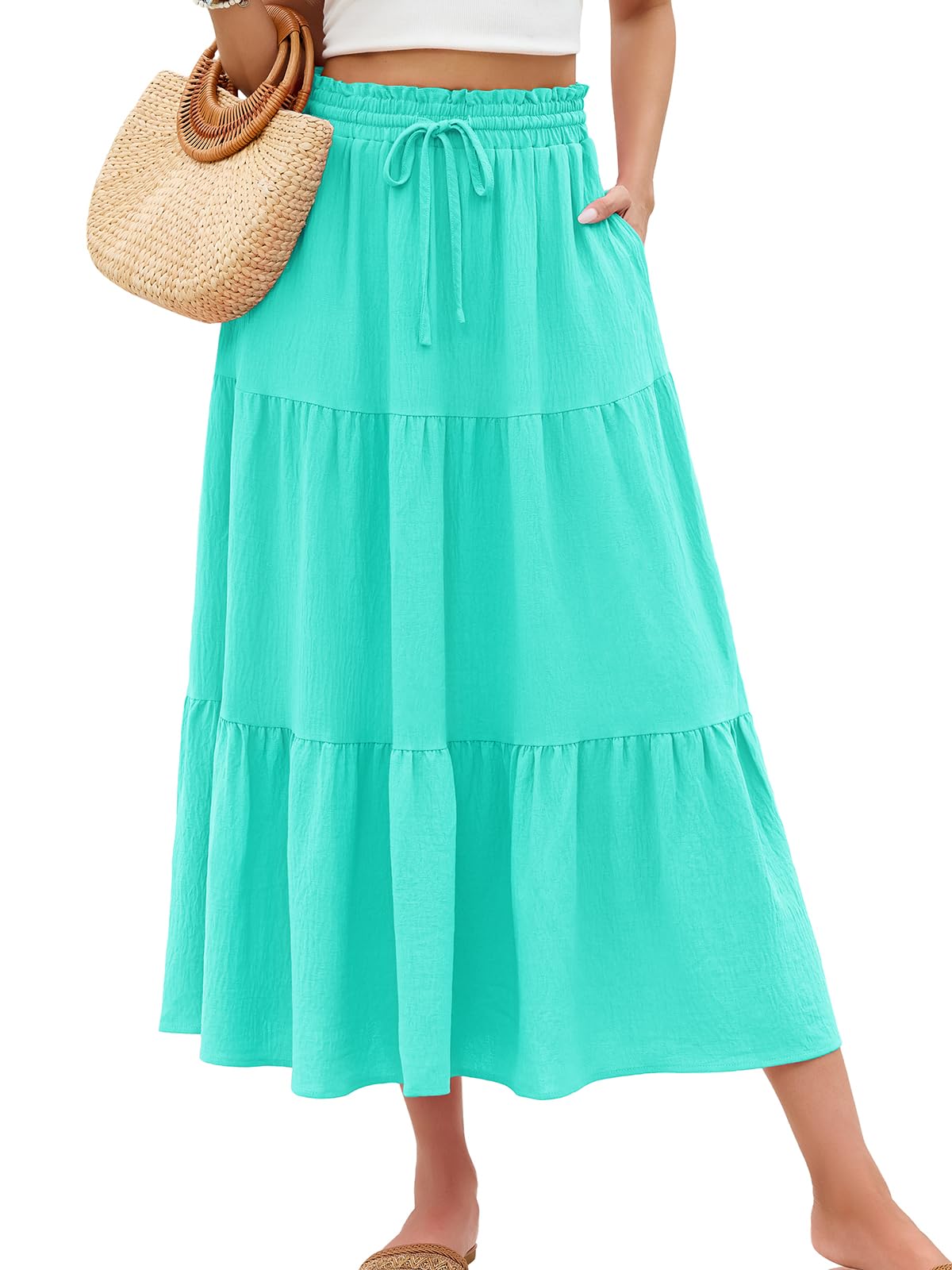 HUSKARY Women's Summer Long Maxi Flowy Tiered High Waist Trendy Ruffle Skirt with Pockets