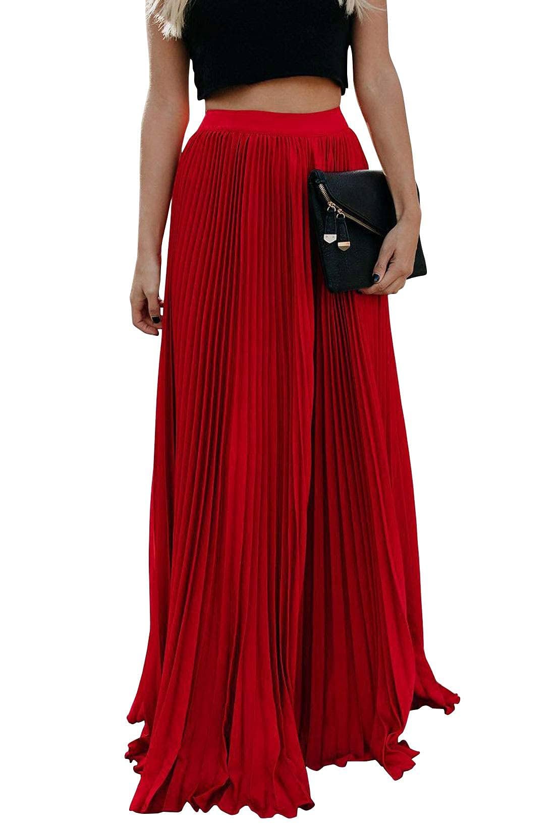ebossy Women's High Waist Flowy Pleated Chiffon Maxi Skirt