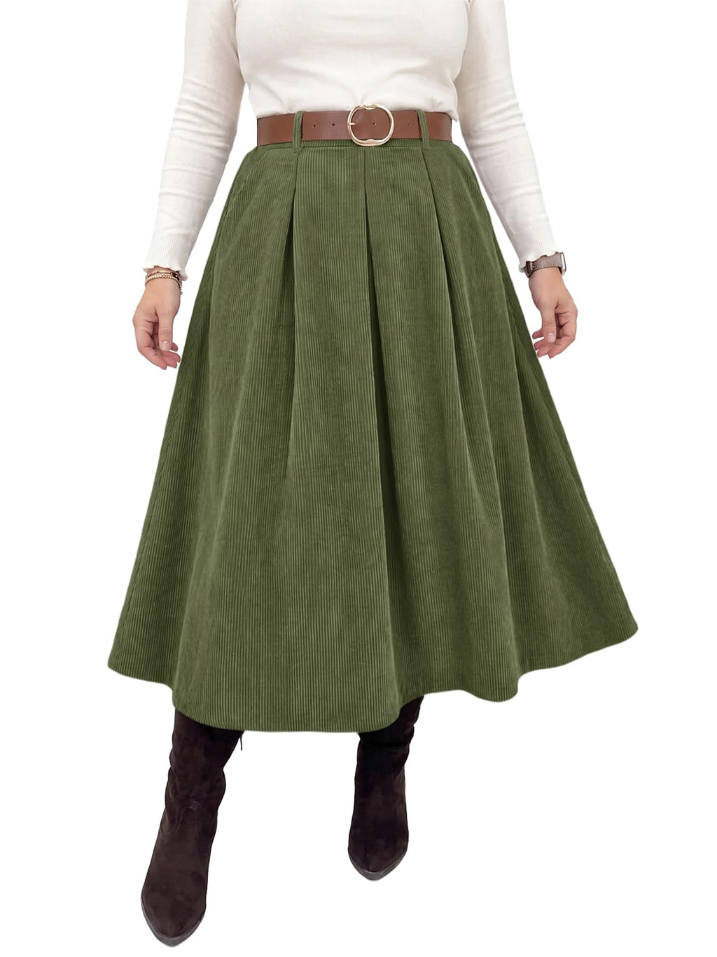 Beautife Womens Plus Size Corduroy A-Line Pleated Skirt with Pockets