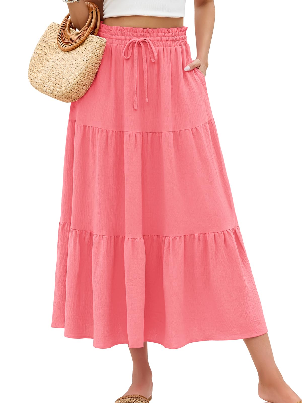 HUSKARY Women's Summer Long Maxi Flowy Tiered High Waist Trendy Ruffle Skirt with Pockets