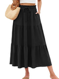 HUSKARY Women's Summer Long Maxi Flowy Tiered High Waist Trendy Ruffle Skirt with Pockets
