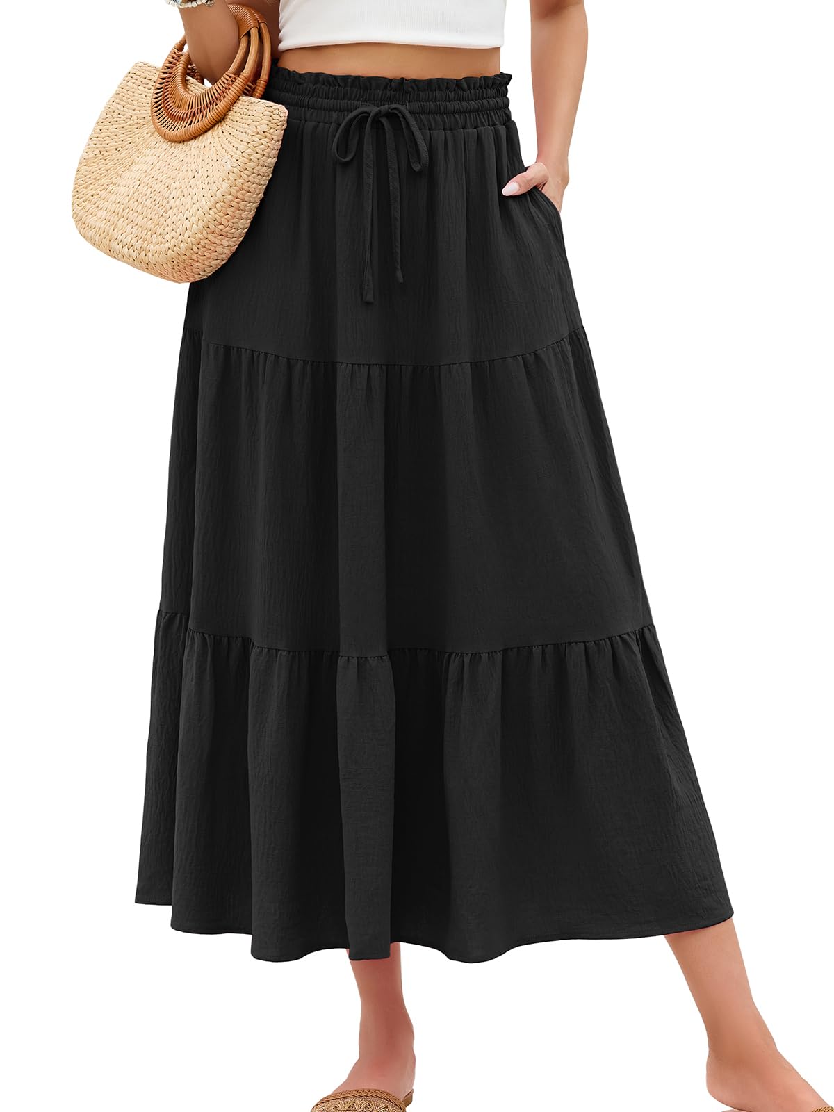 HUSKARY Women's Summer Long Maxi Flowy Tiered High Waist Trendy Ruffle Skirt with Pockets