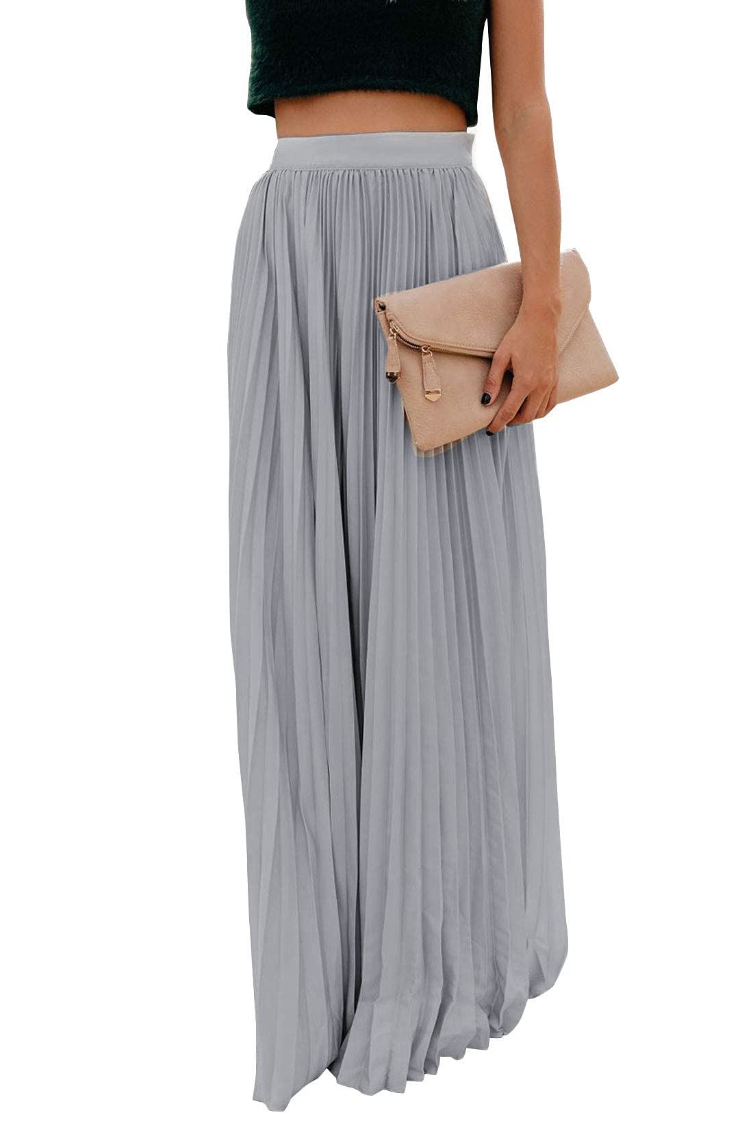 ebossy Women's High Waist Flowy Pleated Chiffon Maxi Skirt