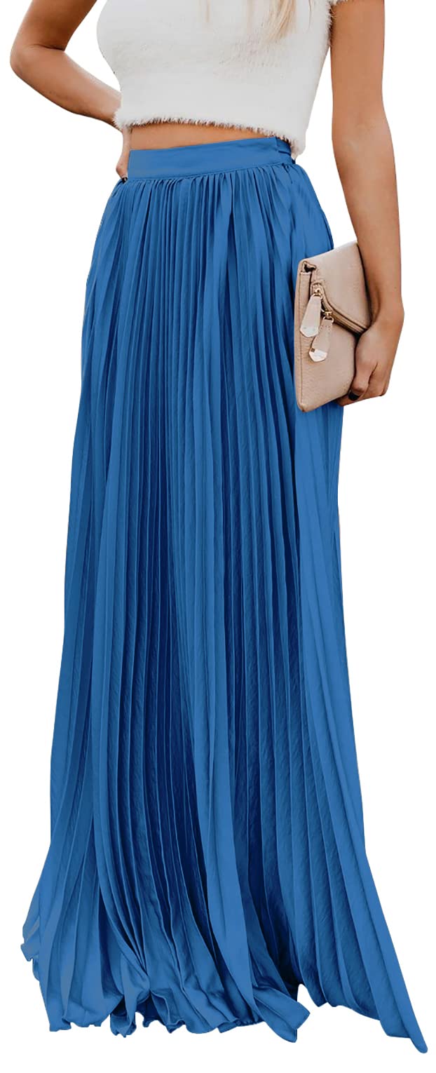 ebossy Women's High Waist Flowy Pleated Chiffon Maxi Skirt