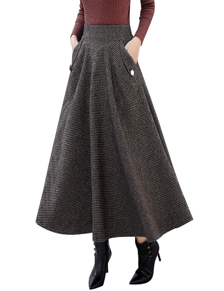 IDEALSANXUN Women’s Fall Winter High Waisted Wool Plaid A-line Long Skirt