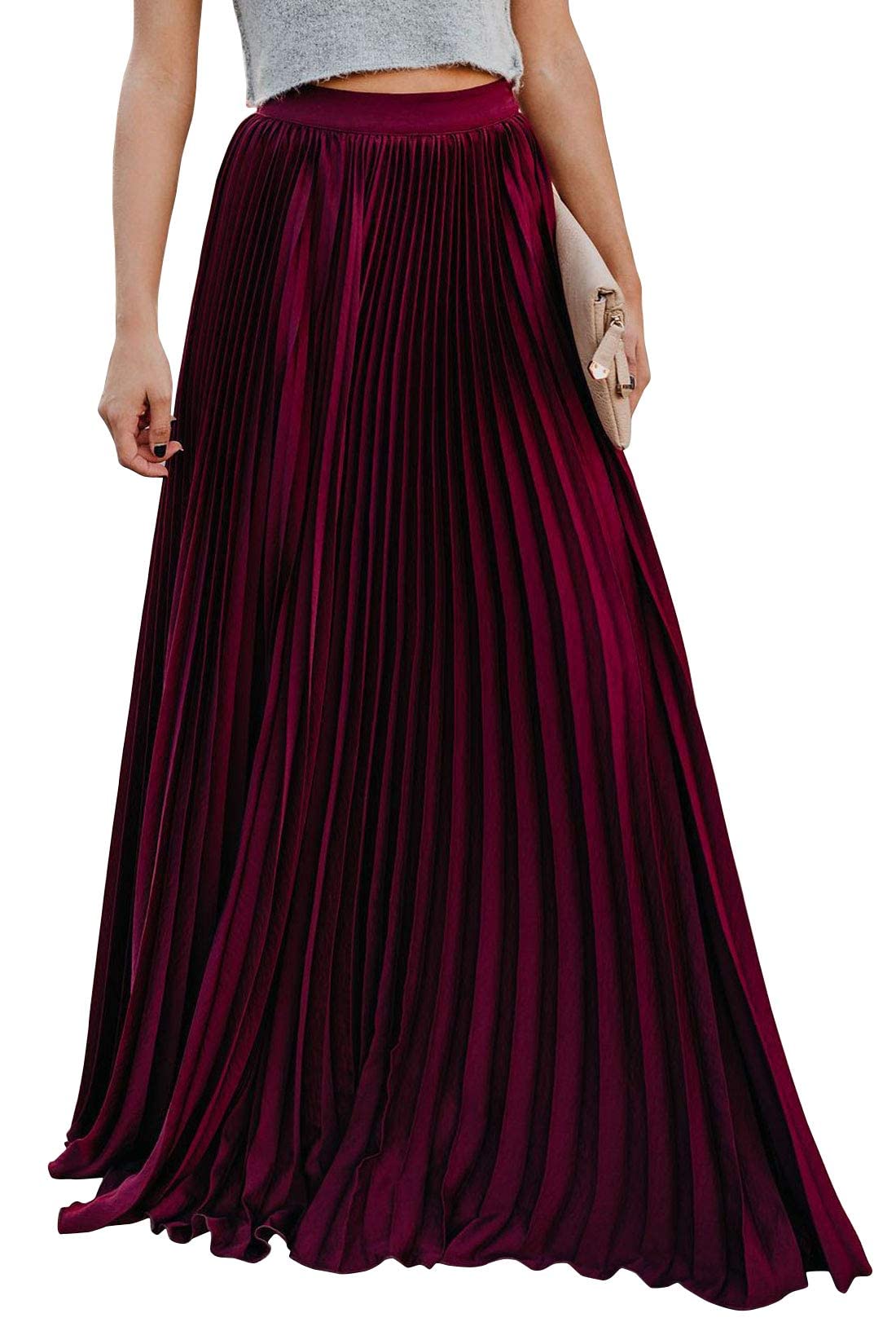 ebossy Women's High Waist Flowy Pleated Chiffon Maxi Skirt