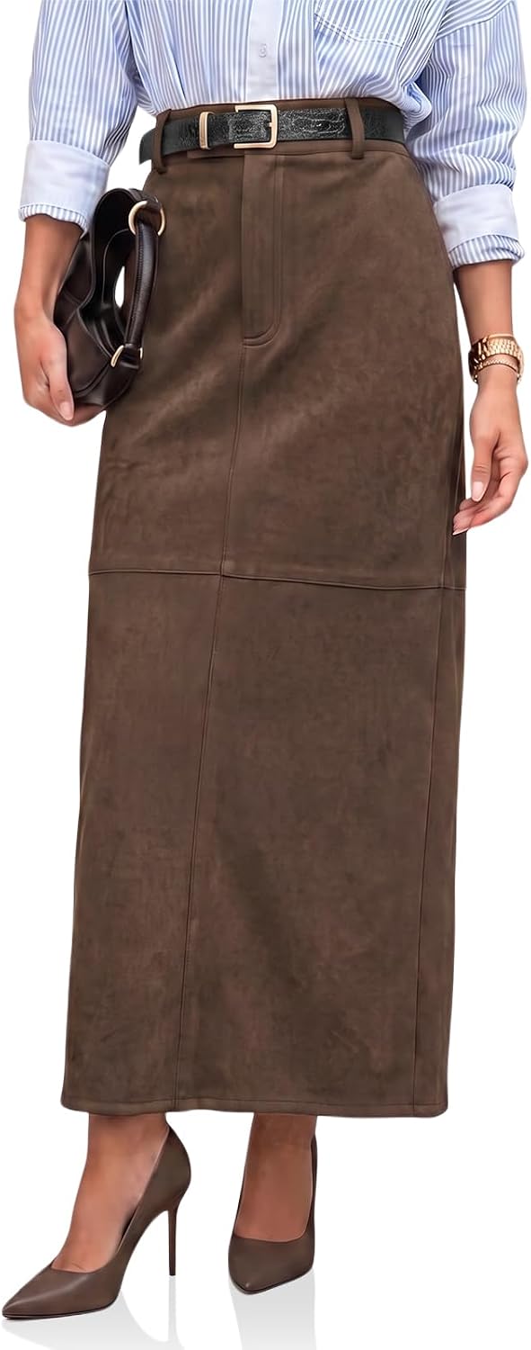 Cicy Bell Womens Suede Maxi Skirt High Waisted Slit Patchwork Pencil Skirts