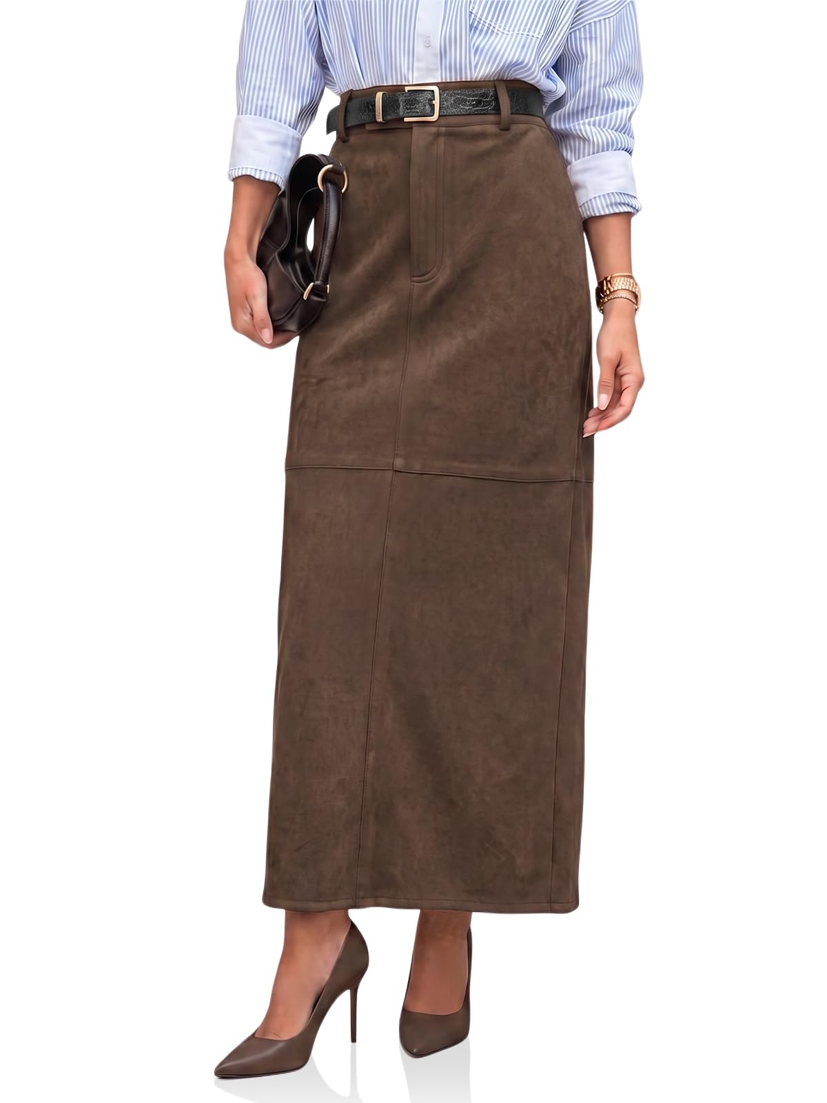 Cicy Bell Womens Suede Maxi Skirt High Waisted Slit Patchwork Pencil Skirts