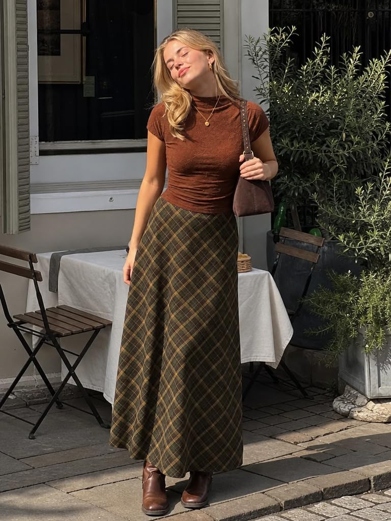 CIDER Womens Plaid Maxi Skirt A Line Pleated Gingham
