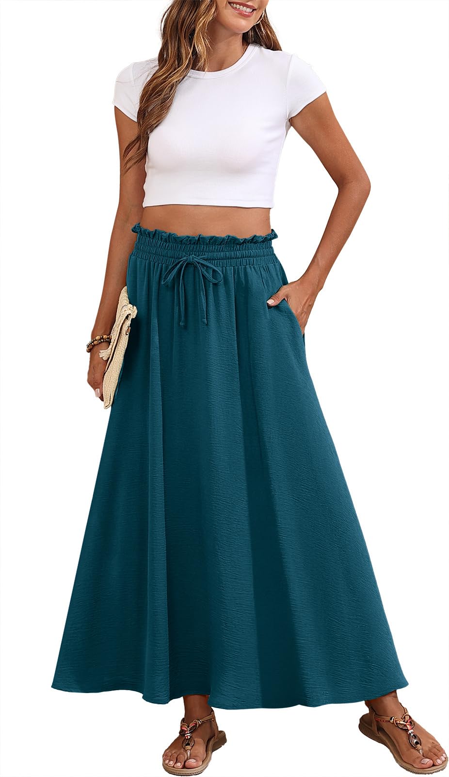Askyes Womens Maxi Skirt Summer Tie Knot Elastic High Waisted Boho Casual Beach Flowy Swing Long Skirts with Pockets
