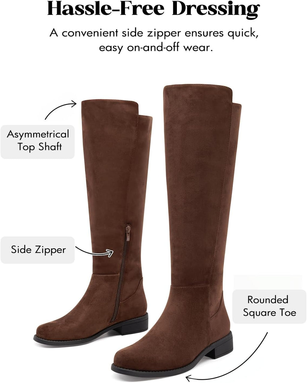Coutgo Knee High Boots Women Flat Low Heel Round Toe Zip Riding Tall Boots