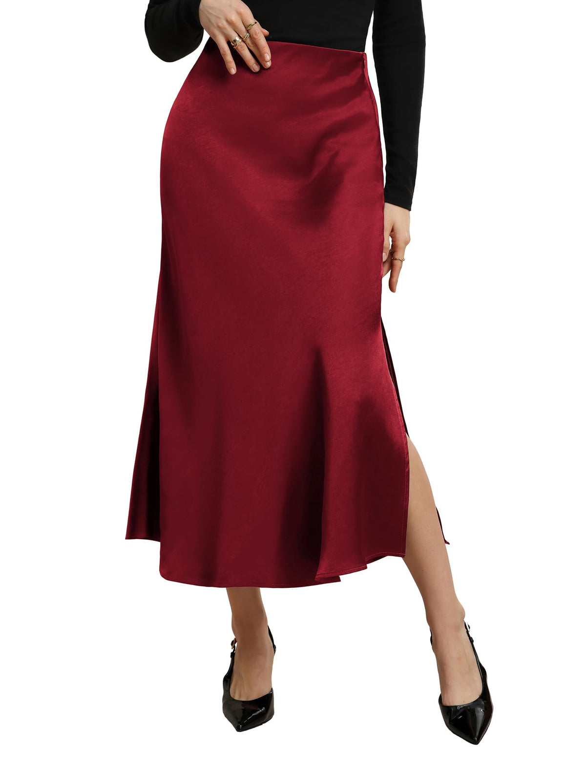 Kate Kasin Women Satin Midi Skirts, High Waisted Silk Flowy Fishtail Skirt