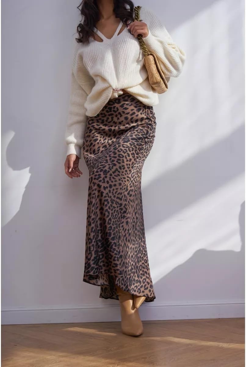 Women's Satin Silk Maxi Skirt Polka Dots High Elastic Waisted Flowy Silk Long Skirts for Women