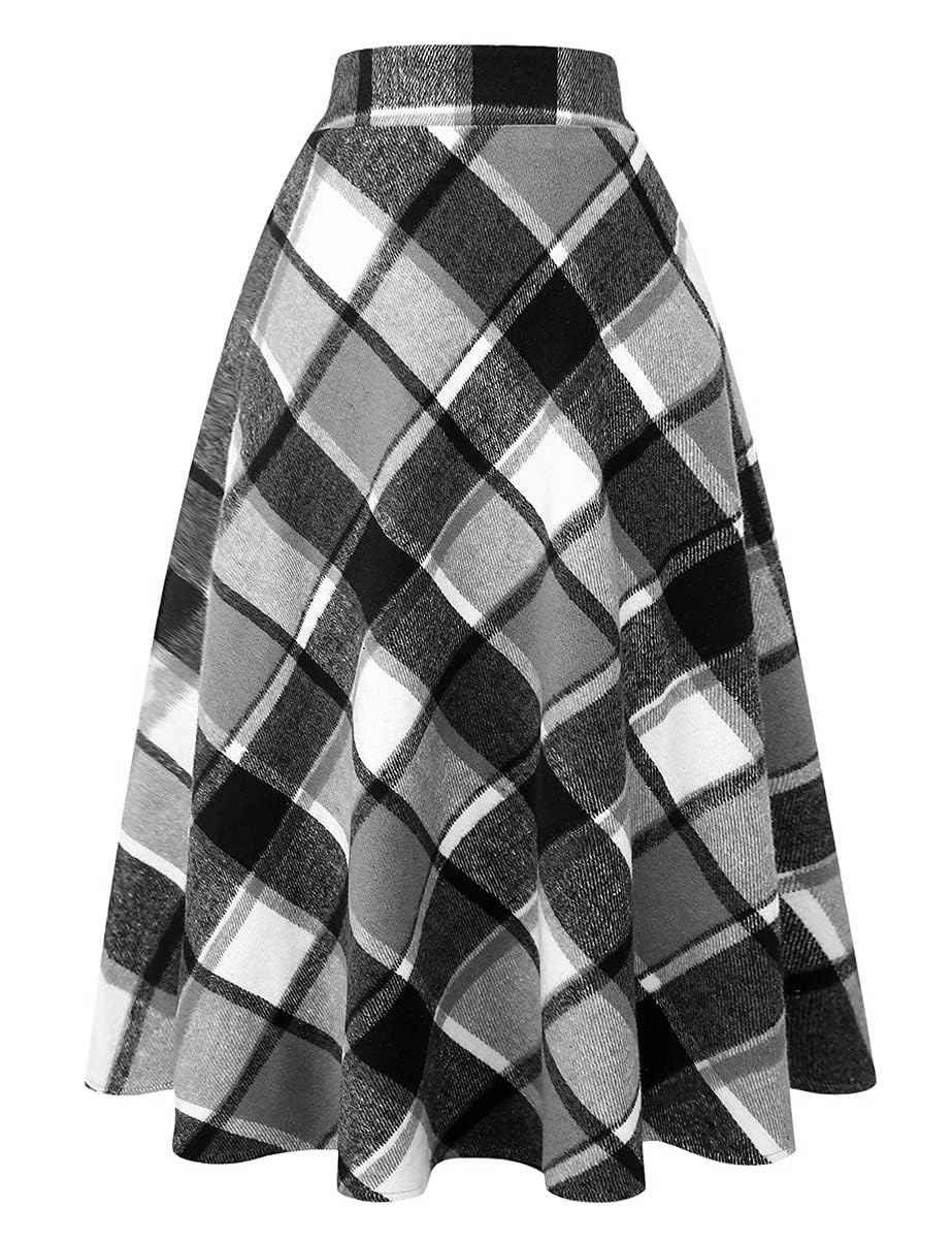 IDEALSANXUN Womens Plaid Wool Skirts Elastic Waist A-Line Pleated Tartan Long Skirts