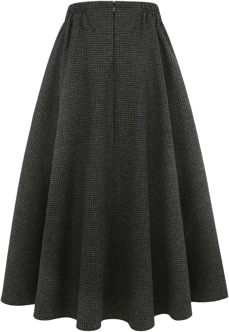 IDEALSANXUN Women’s Fall Winter High Waisted Wool Plaid A-line Long Skirt
