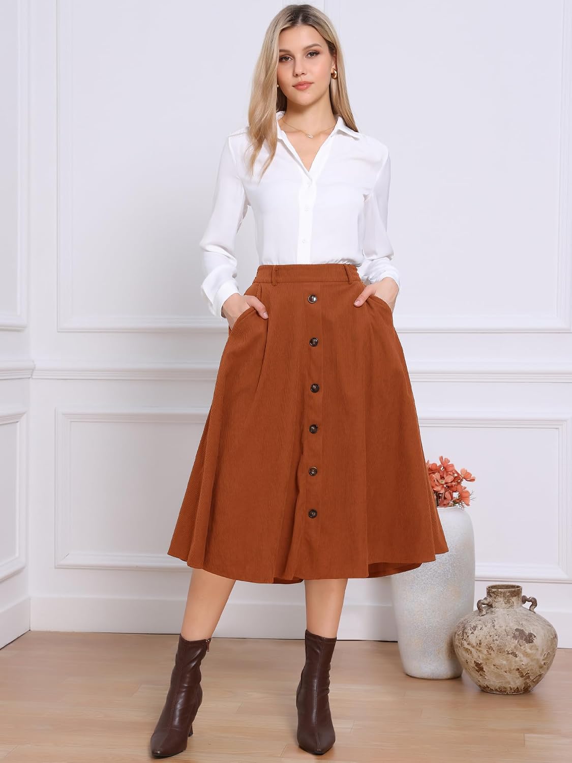 Allegra K Corduroy Skirt for Women Button Front High Waist Vintage Stretch A-Line Flared Casual Midi Skirts with Pockets