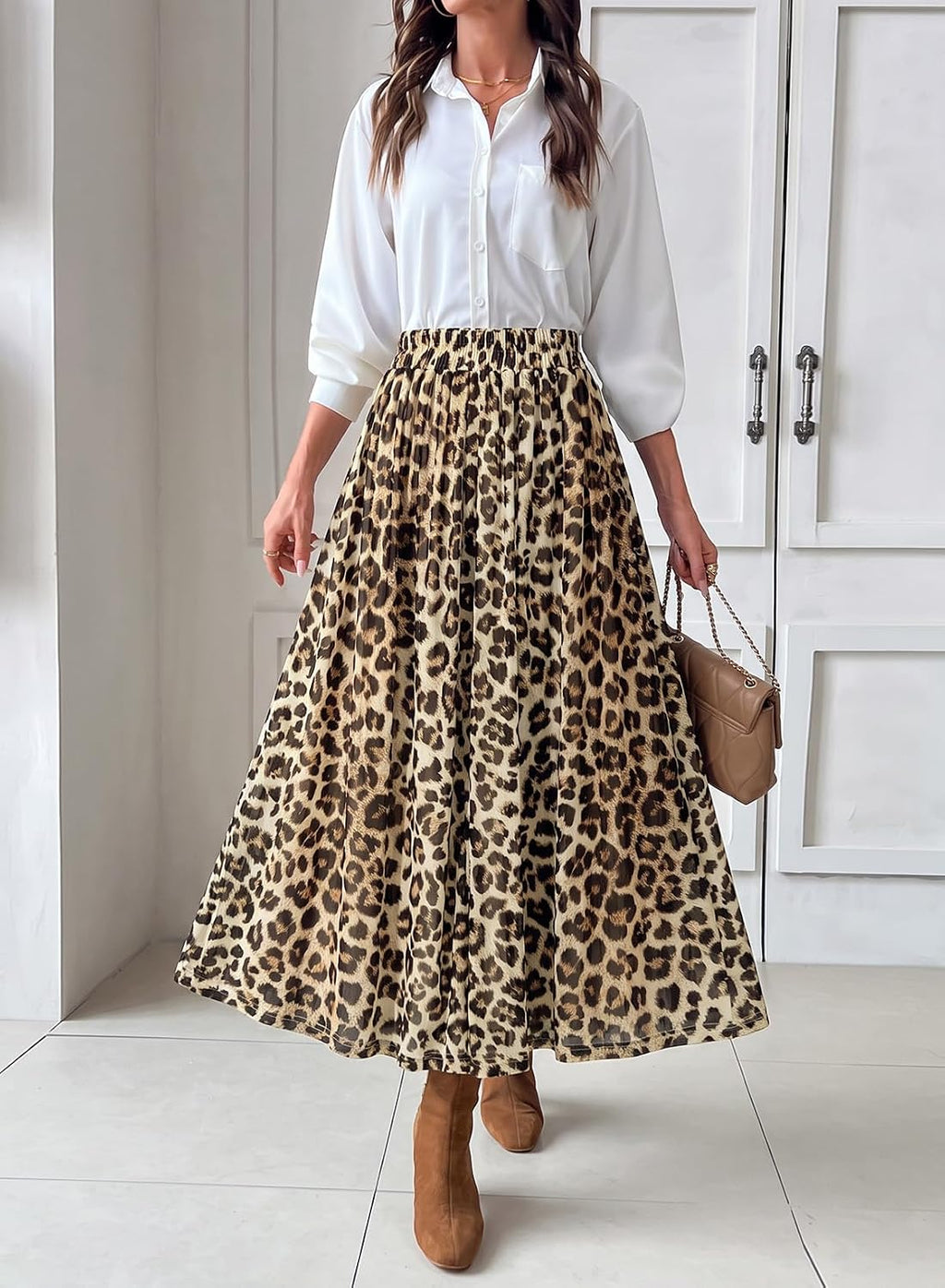 Dokotoo Fall Skirts for Women Elastic High Waist A-line Flowy Long Skirt