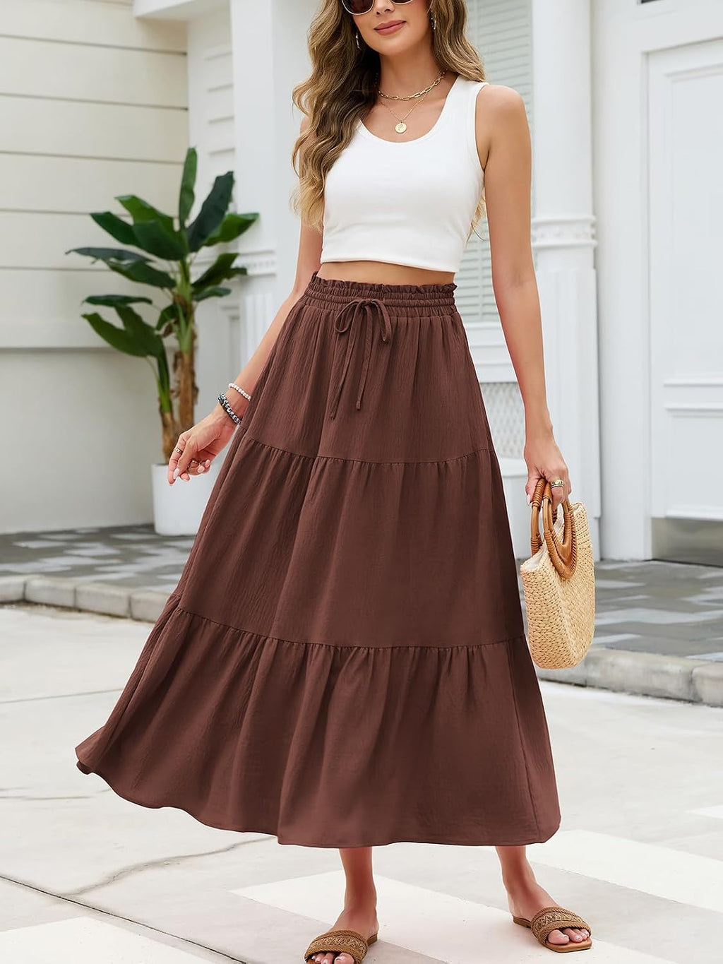 HUSKARY Women's Summer Long Maxi Flowy Tiered High Waist Trendy Ruffle Skirt with Pockets