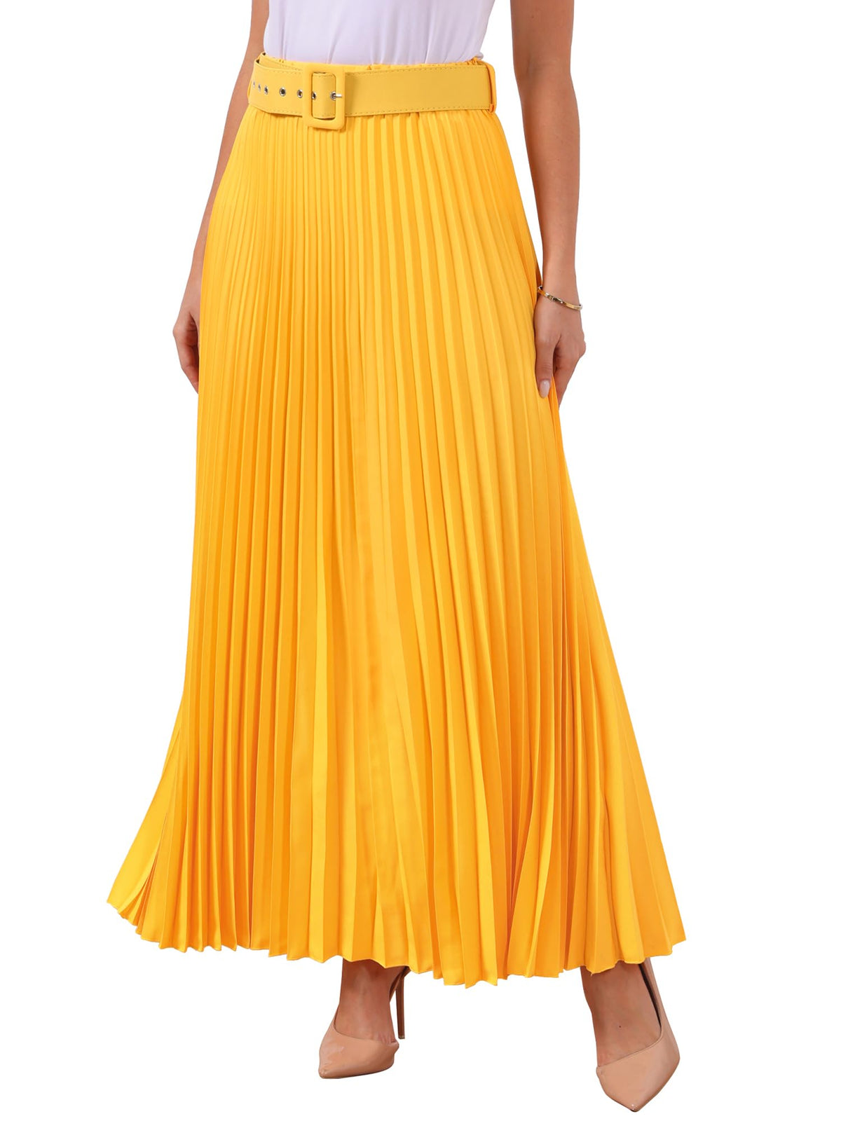 Allegra K Women High Waist Elastic Flowy A-Line Maxi Pleated Skirt