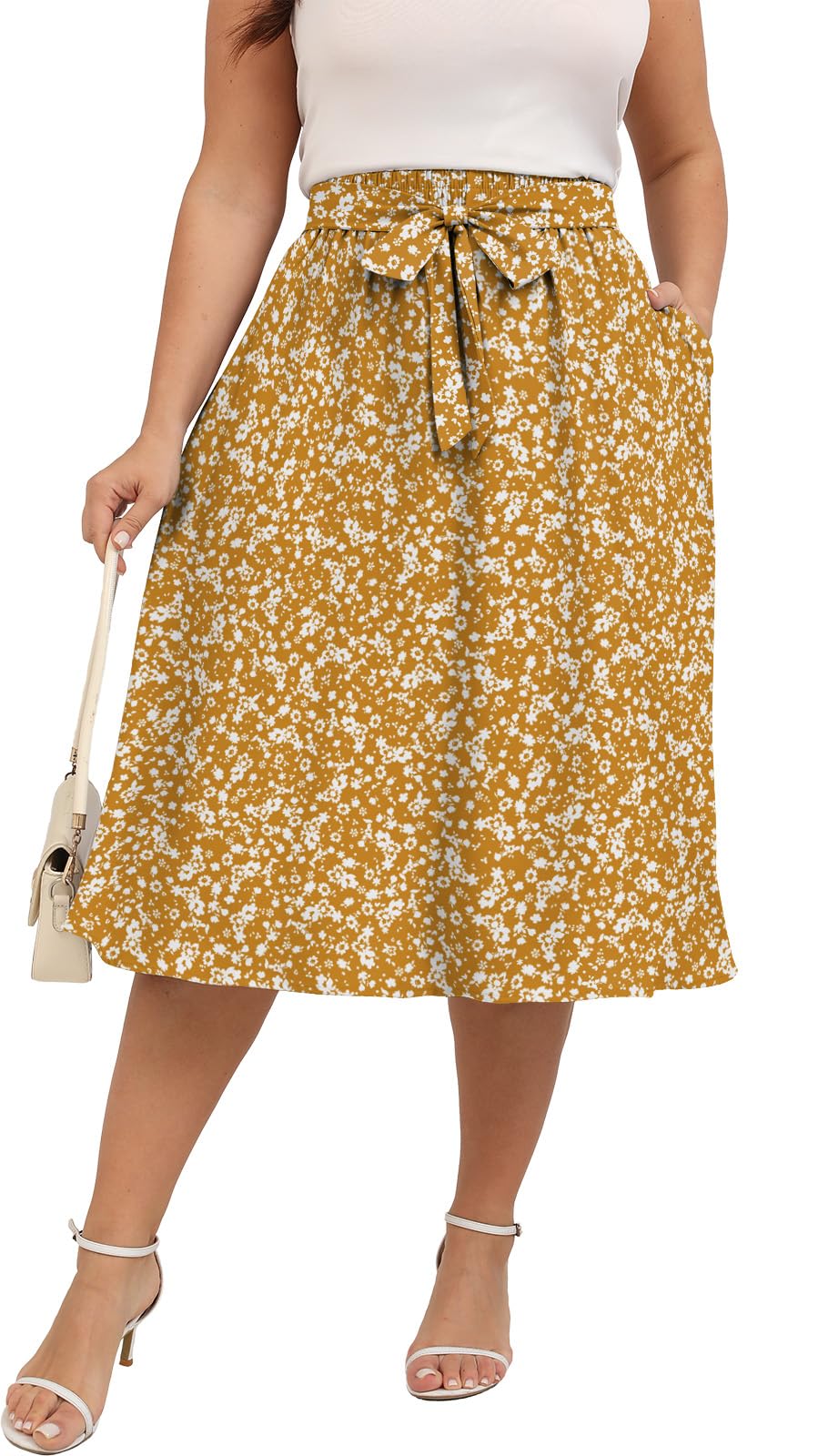Xpenyo Womens Plus Size Midi Skirts Summer Elastic High Waisted Boho Casual Beach Flowy Swing Knee Length Skirts with Pockets