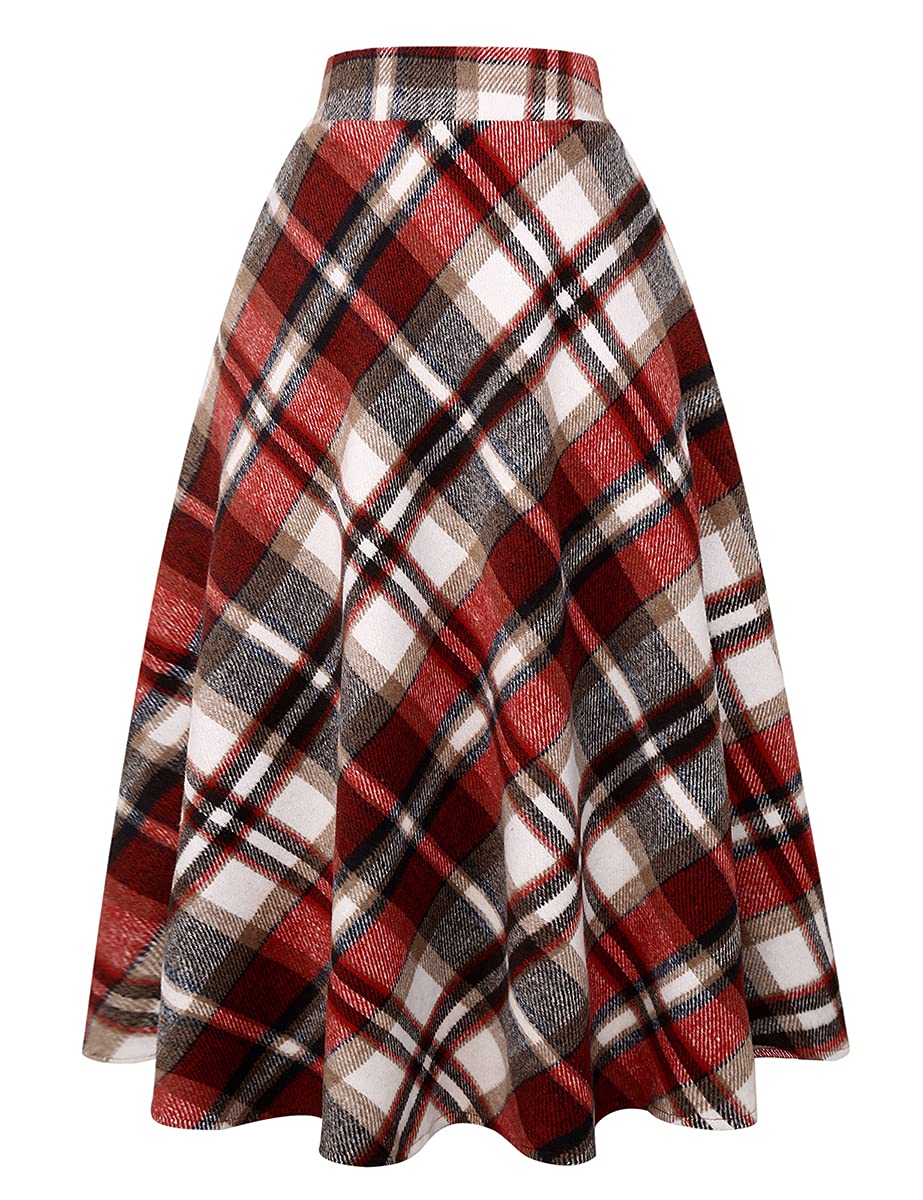 IDEALSANXUN Womens Plaid Wool Skirts Elastic Waist A-Line Pleated Tartan Long Skirts