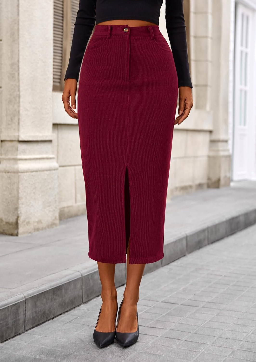 PRETTYGARDEN Corduroy Pencil Skirt Women Fall Fashion Midi Skirts Dressy