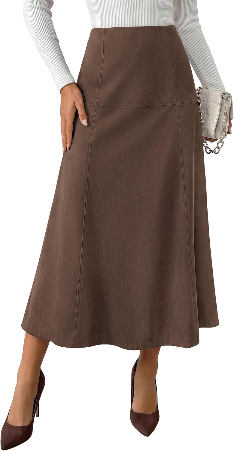PRETTYGARDEN Womens High Waist Faux Suede A Line Midi Skirt