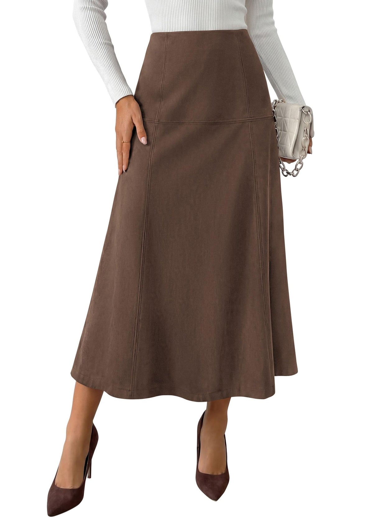 PRETTYGARDEN Womens High Waist Faux Suede A Line Midi Skirt